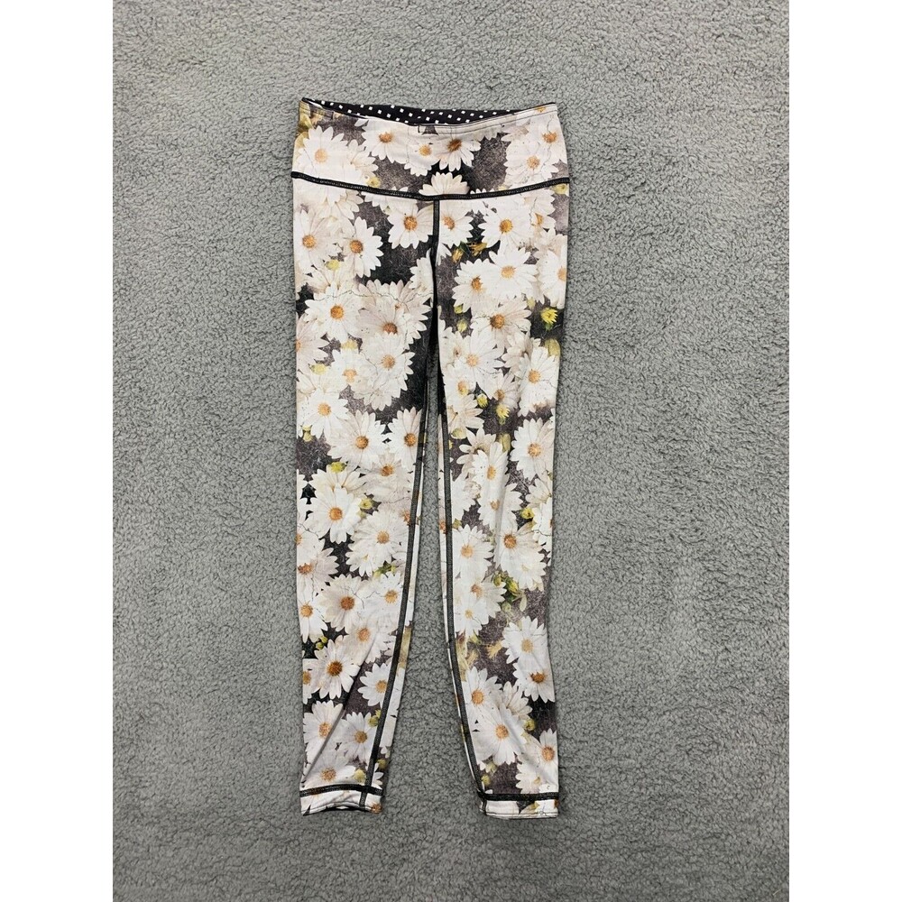 WITH Wear It To Heart Reversible Athletic Leggings Daisy Flowers Floral Black
